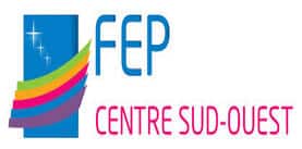 Logo FEP Centre Sud-Ouest : Entreprises de Propreté Logo FEP Centre Sud-Ouest avec texte bleu et rose, rectangle bleu étoilé et vagues de couleurs vives dynamiques.