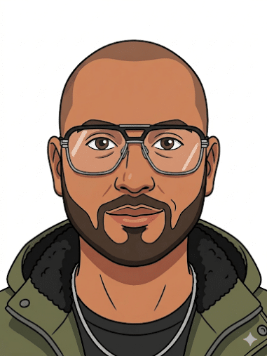 Avatar Homme Chauve Barbu avec Lunettes et Parka Olive Avatar d'un homme chauve barbu avec de grandes lunettes, portant une parka vert olive et un collier argenté.