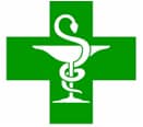 Logo Pharmacie Croix Verte et Coupe d'Hygie avec Serpent Symbole de pharmacie avec une croix verte et le caducée d'Hygie blanc composé d'un serpent s'enroulant autour d'une coupe.